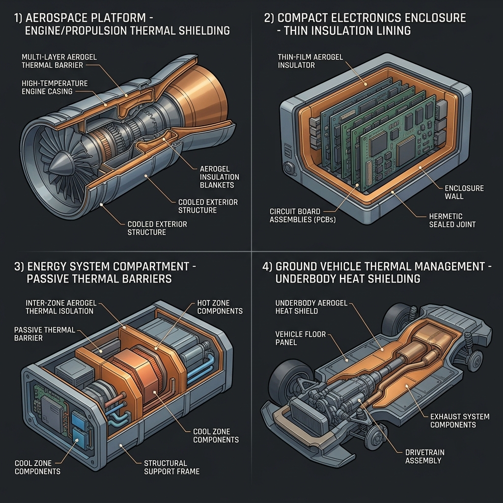 Four application zones: aerospace propulsion shielding, compact electronics enclosure insulation, energy system compartment barriers, ground vehicle underbody heat shielding