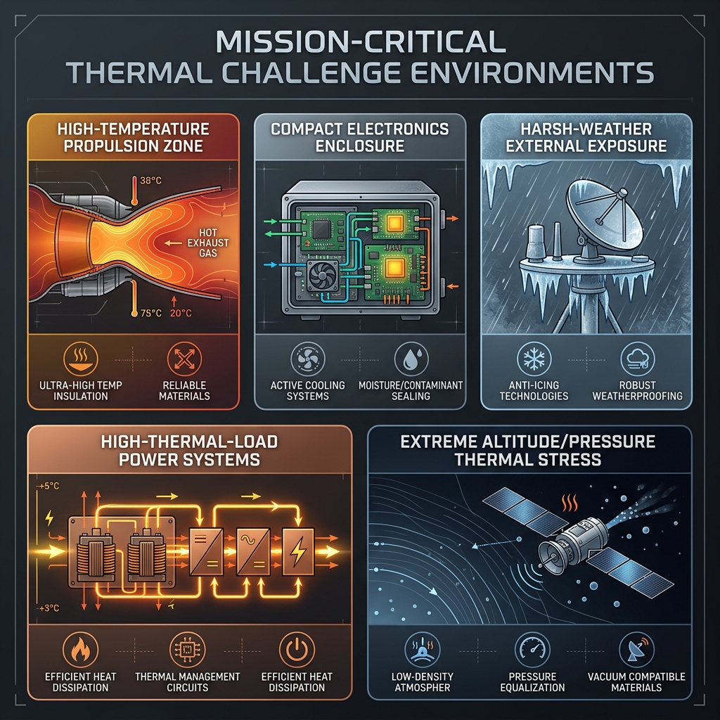 Five mission-critical thermal challenge environments: propulsion zones, electronics enclosures, harsh-weather exposure, power systems, extreme altitude/pressure