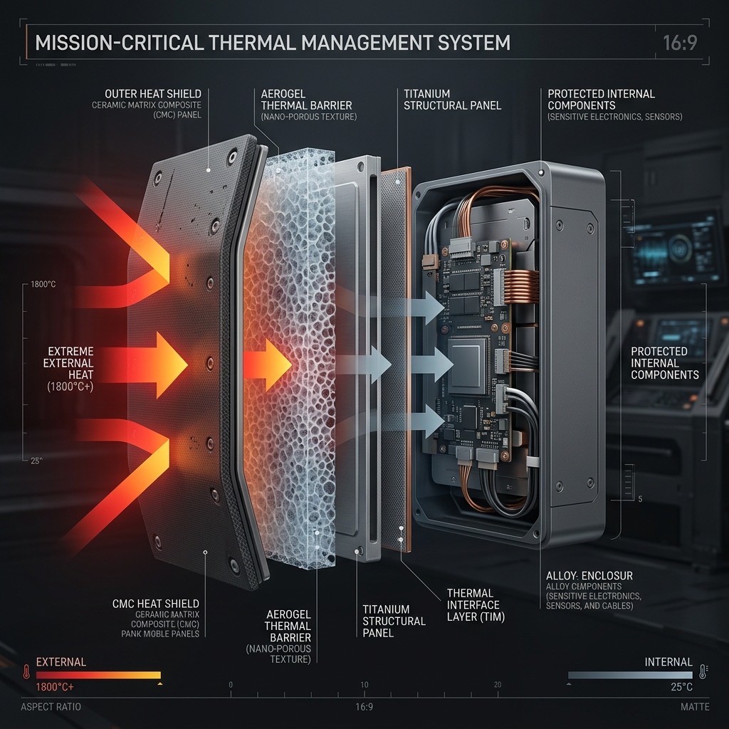 Mission-critical thermal management system showing layered protection: outer heat shield, aerogel thermal barrier, titanium structural panel, and protected internal components