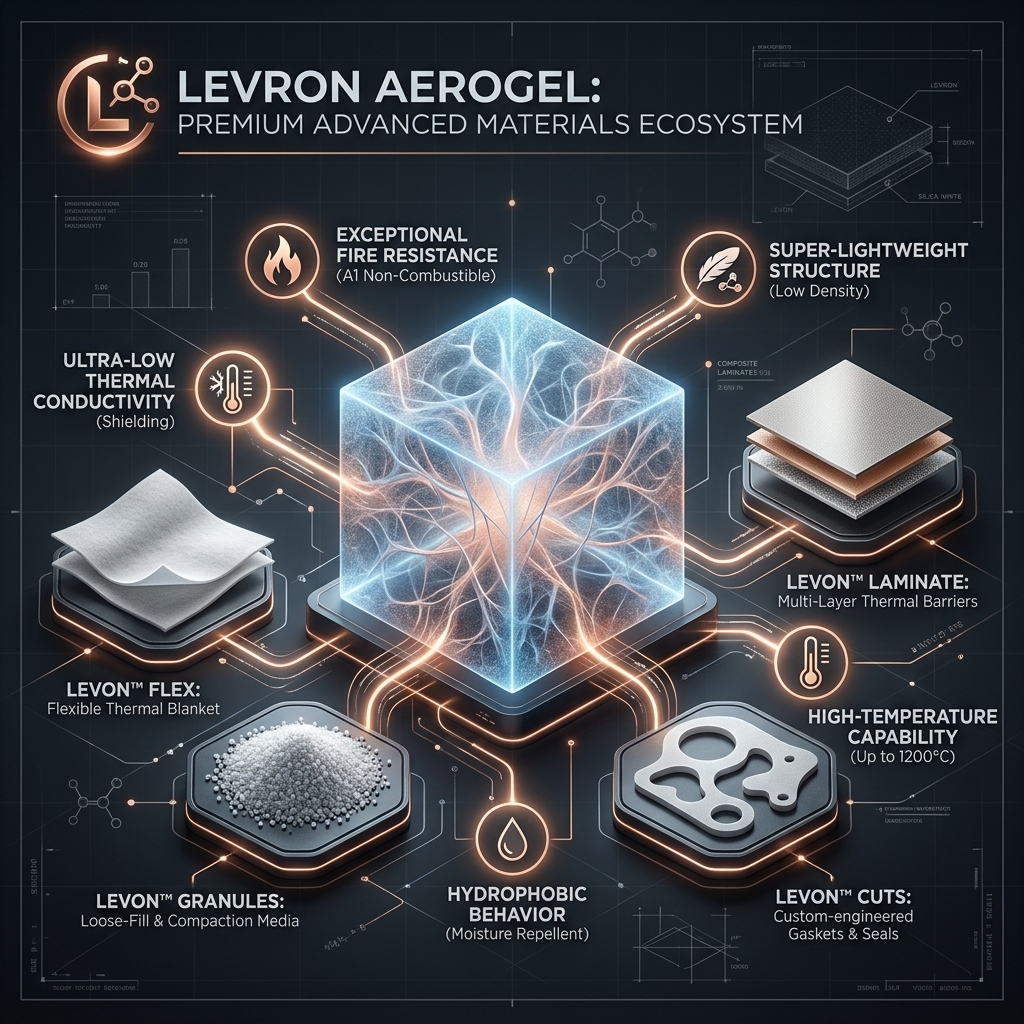 Levron Aerogel premium advanced materials ecosystem: flexible blankets, granules, composite laminates, custom-engineered gaskets with connected property nodes