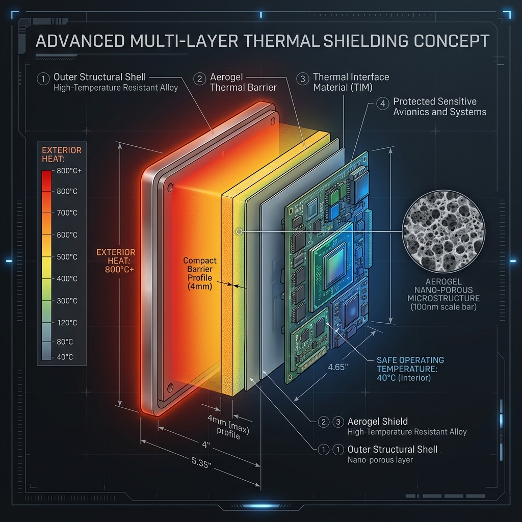 Advanced multi-layer thermal shielding concept: outer shell, aerogel barrier (4mm), thermal interface, protected avionics — 800°C exterior to 40°C interior