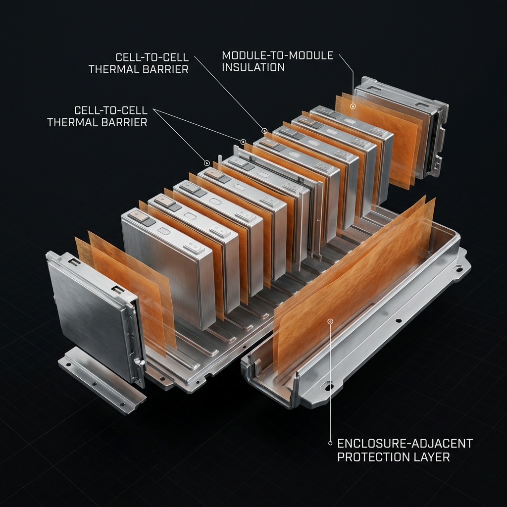 Exploded EV battery module showing cell-to-cell barriers, module separation, and enclosure-adjacent protection layers