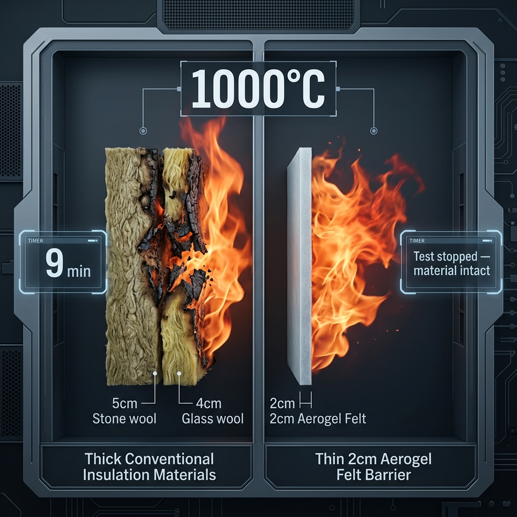 1000°C flame test comparison: conventional materials failed at 9 minutes vs aerogel felt — test stopped, material intact
