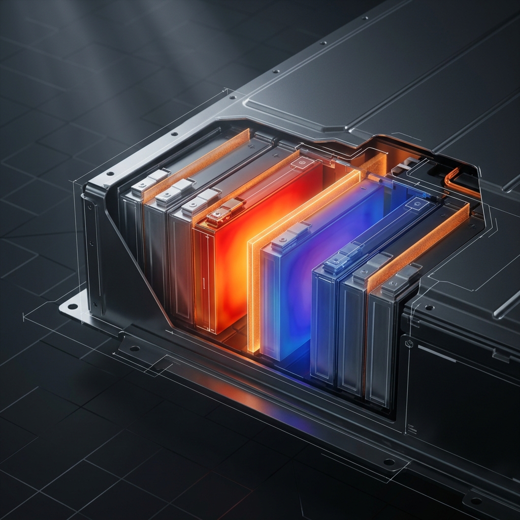 EV battery pack cutaway showing aerogel thermal barriers blocking heat propagation between cells