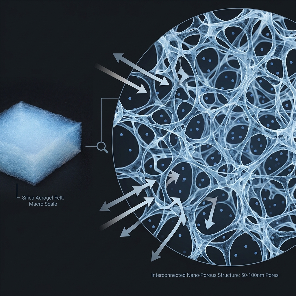 Macro-to-micro visualization of aerogel nano-porous structure showing 50-100nm interconnected pore network