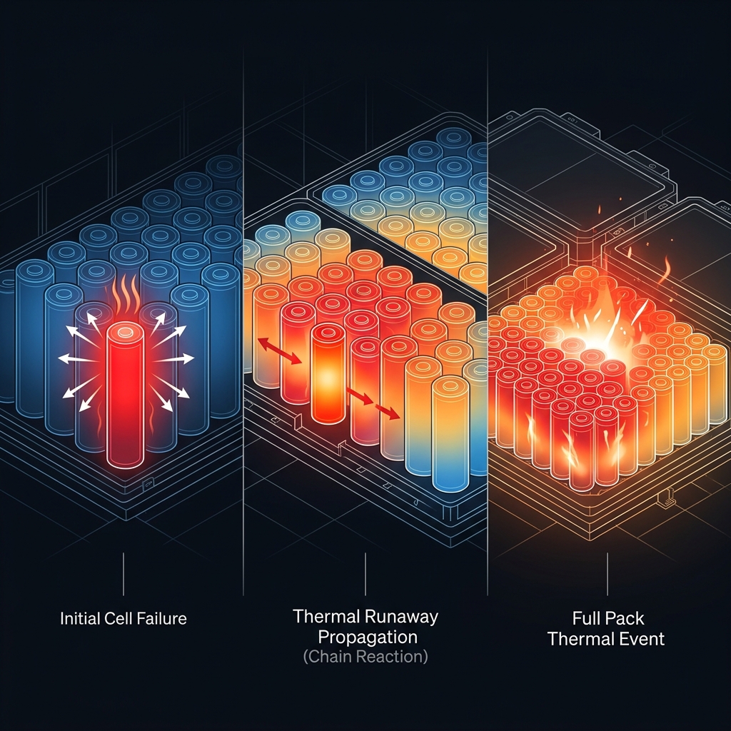 Three-stage thermal runaway propagation: initial cell failure, chain reaction, full pack thermal event