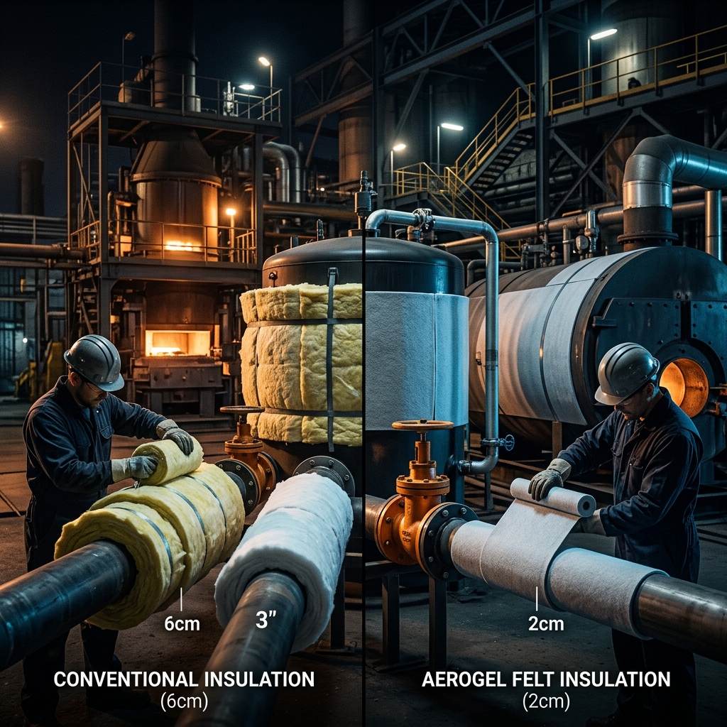 Split comparison: conventional 6cm thick insulation versus 2cm Levron Aerogel Felt on industrial pipes, demonstrating compact thermal protection advantage