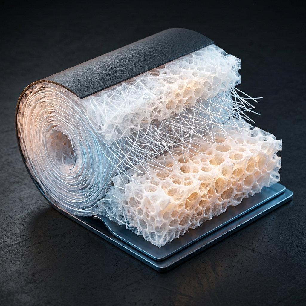 Levron Aerogel Felt material cutaway showing silica aerogel matrix with embedded glass wool reinforcement fibers and nano-porous structure