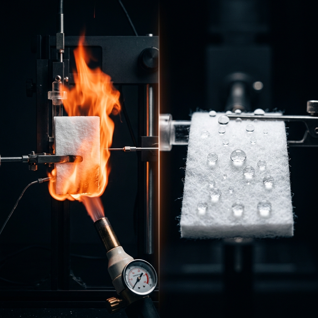 Split-screen: 1000°C flame test on aerogel felt (left) and superhydrophobic water droplet beading on felt surface (right)
