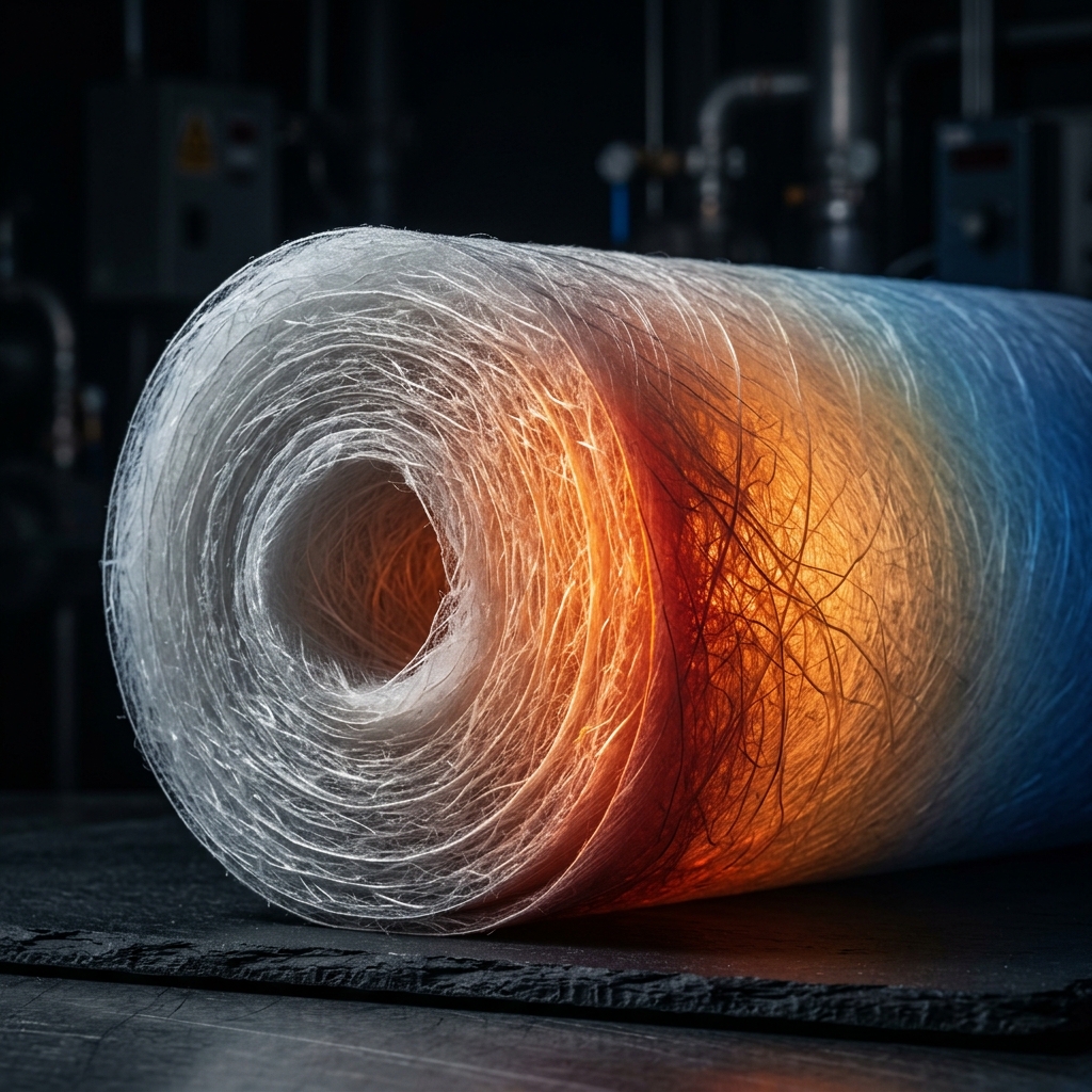 Levron Aerogel Felt product roll showing translucent nano-porous fibrous structure with thermal gradient illumination