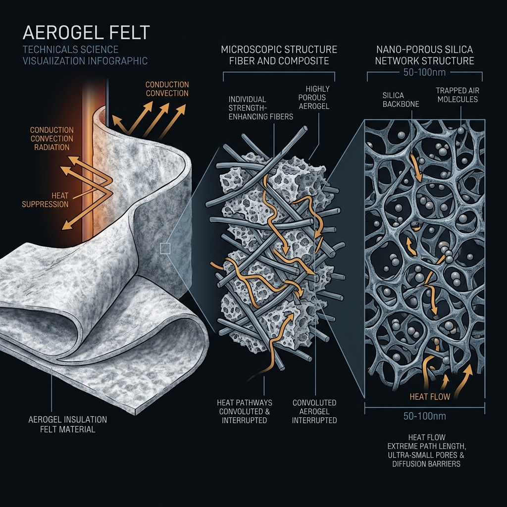 Macro-to-micro visualization: aerogel felt material, microscopic fiber+aerogel composite, nano-porous silica network with heat suppression