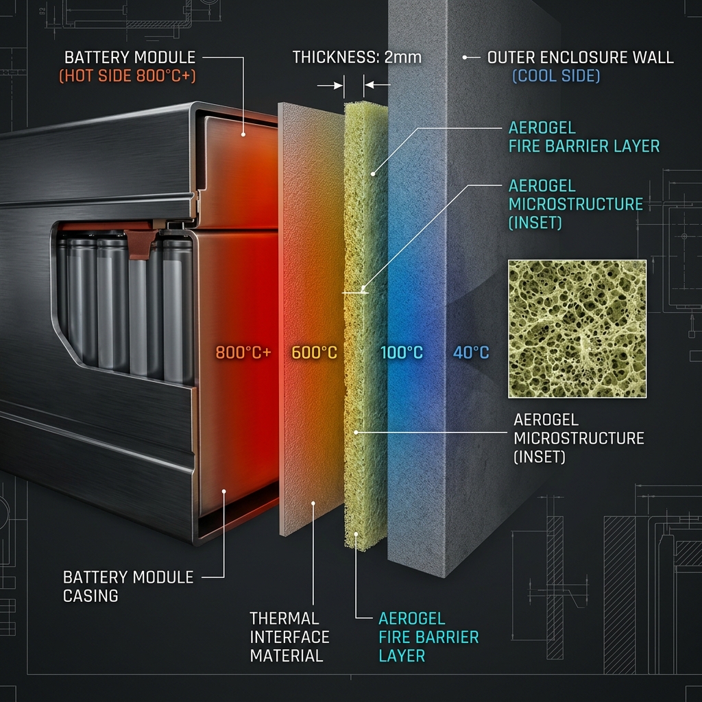 Multilayer fire barrier stack concept showing temperature gradient from 800°C+ module side through thin aerogel barrier to safe enclosure side