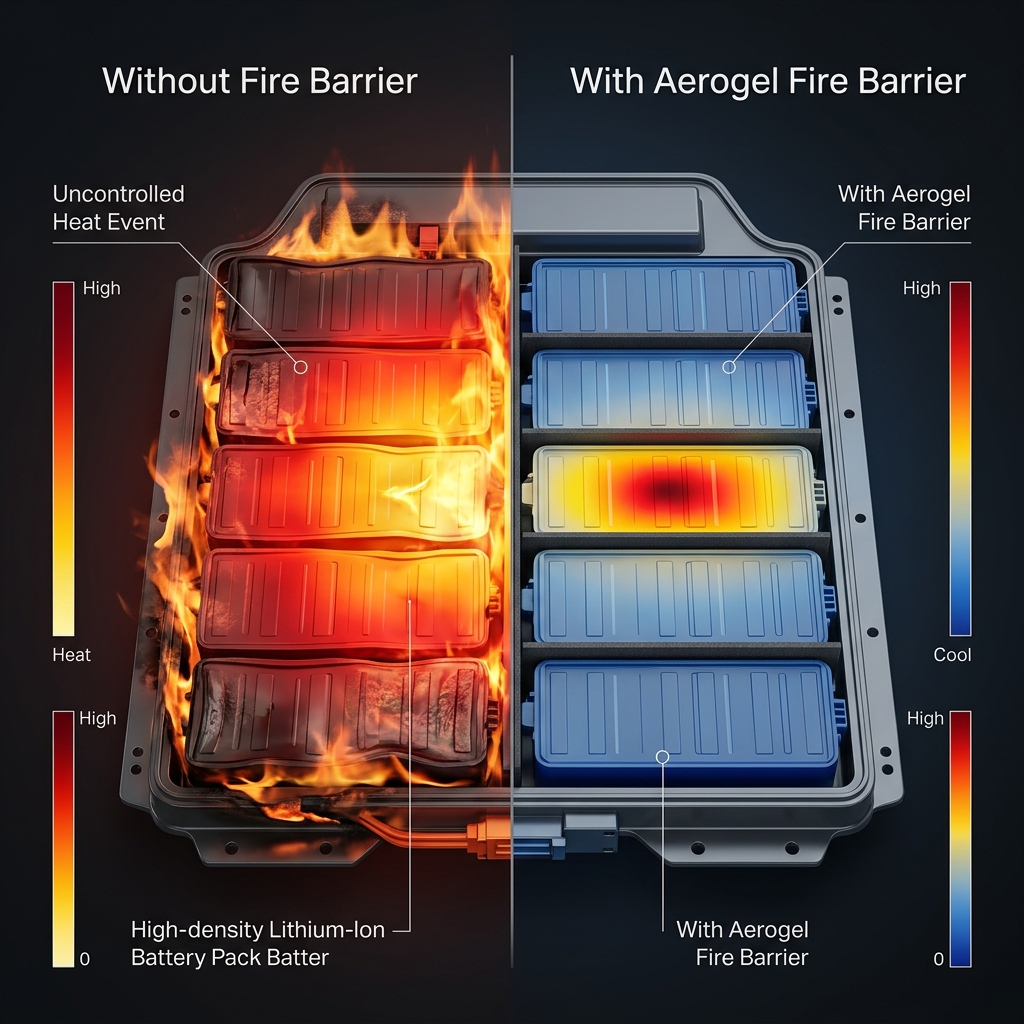Side-by-side comparison: uncontrolled heat spread without fire barriers vs contained thermal event with aerogel fire barriers between modules
