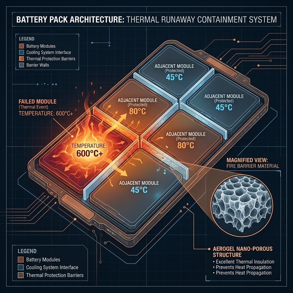 Top-down battery pack view showing fire containment concept: one failed module at 600°C+ while adjacent modules behind barriers remain at 45-80°C