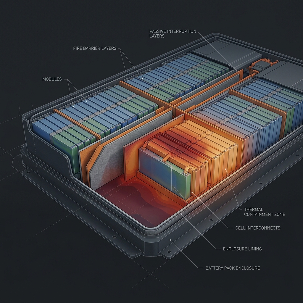 EV battery pack cutaway showing fire barrier layers between modules, thermal containment zones, and enclosure-adjacent protection lining