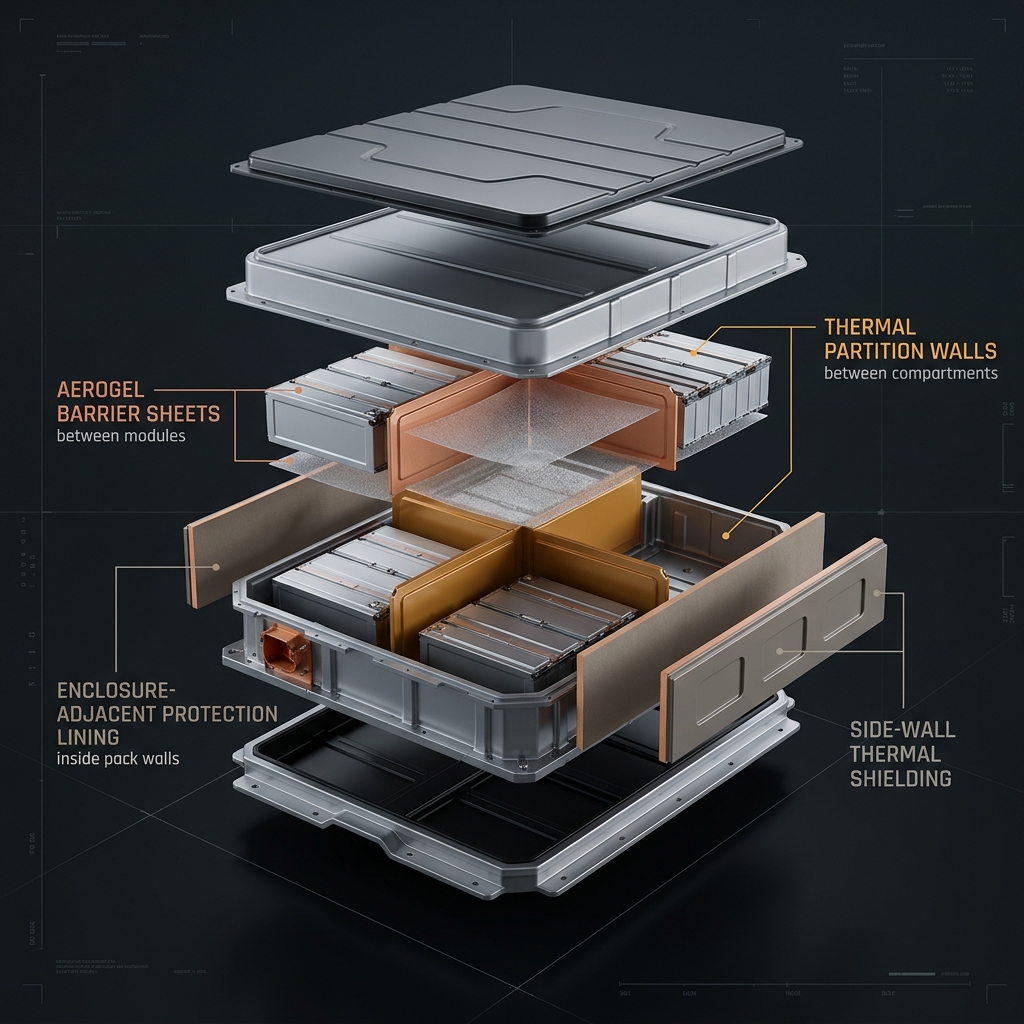 Exploded 3D battery pack showing four fire barrier integration zones: module separation, compartment partitions, enclosure lining, and side-wall shielding