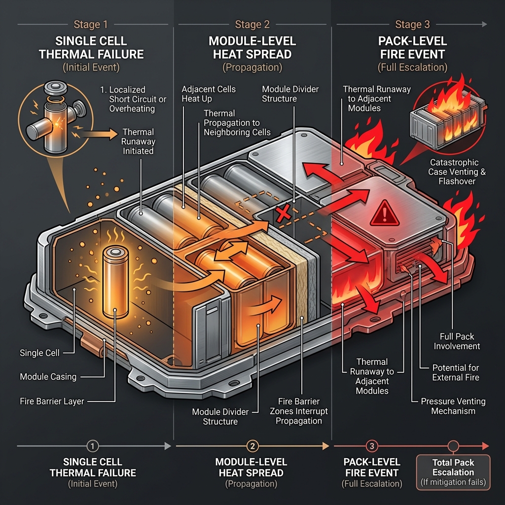 Three-stage fire risk escalation: single cell failure, module-level heat spread, pack-level fire event with fire barrier zones that interrupt propagation