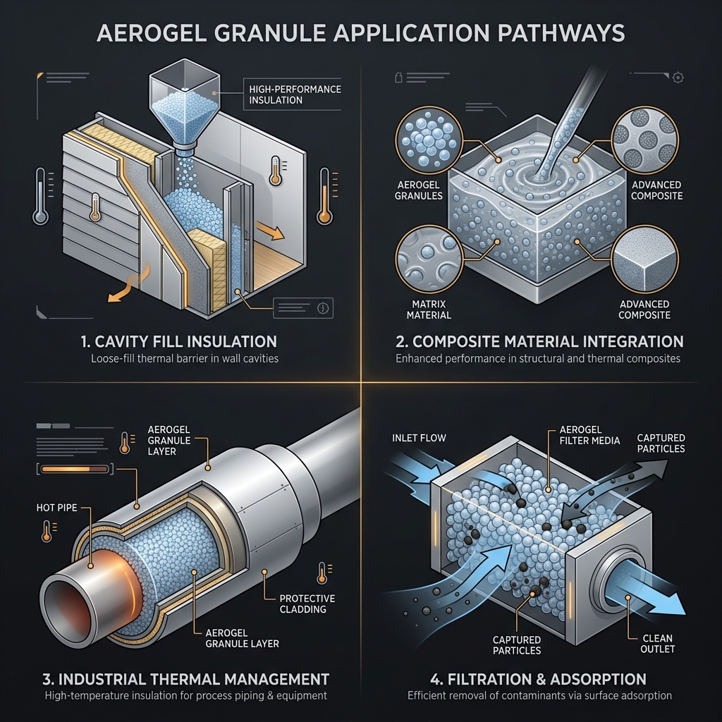 Four application pathways: cavity fill insulation, composite integration, industrial thermal management, filtration and adsorption