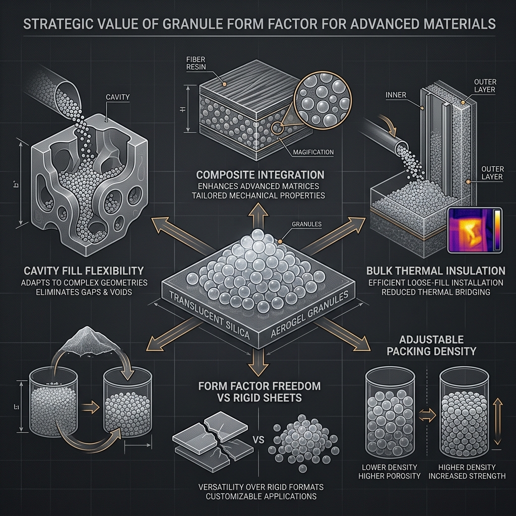 Strategic value of granule form factor — cavity fill, composite integration, bulk insulation, adjustable density, form factor freedom