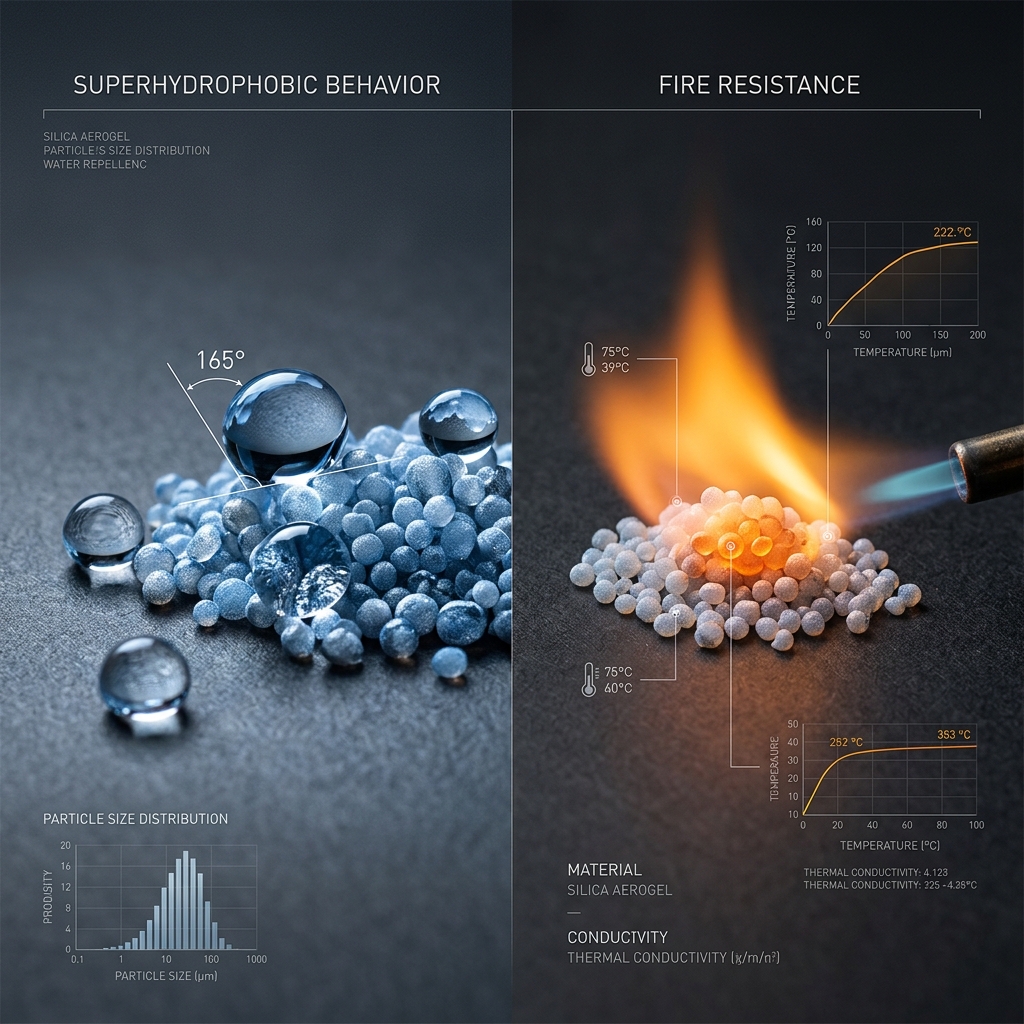 Dual property visualization: superhydrophobic behavior with water droplet beading at 165° contact angle, fire resistance showing granules withstanding extreme heat exposure