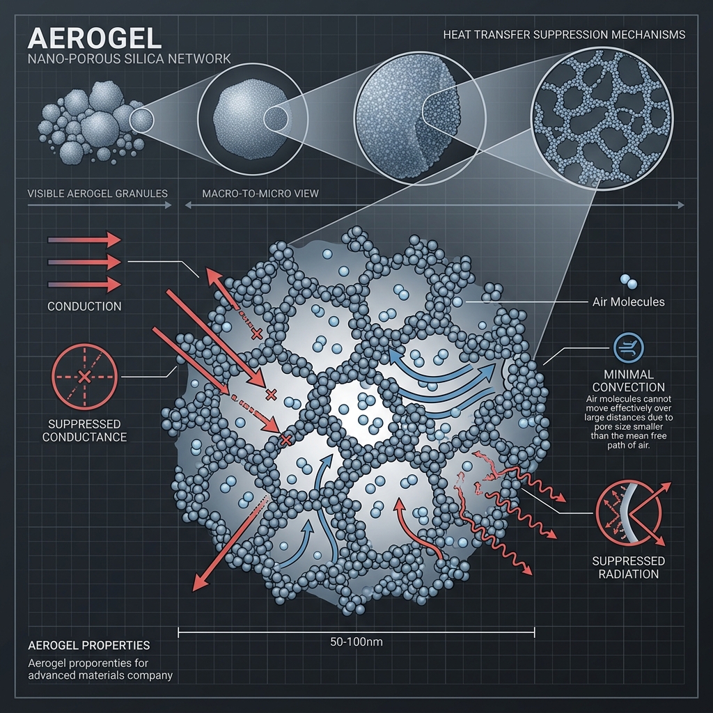 Macro-to-micro visualization of aerogel nano-porous structure showing 50-100nm pore network, heat transfer suppression mechanisms