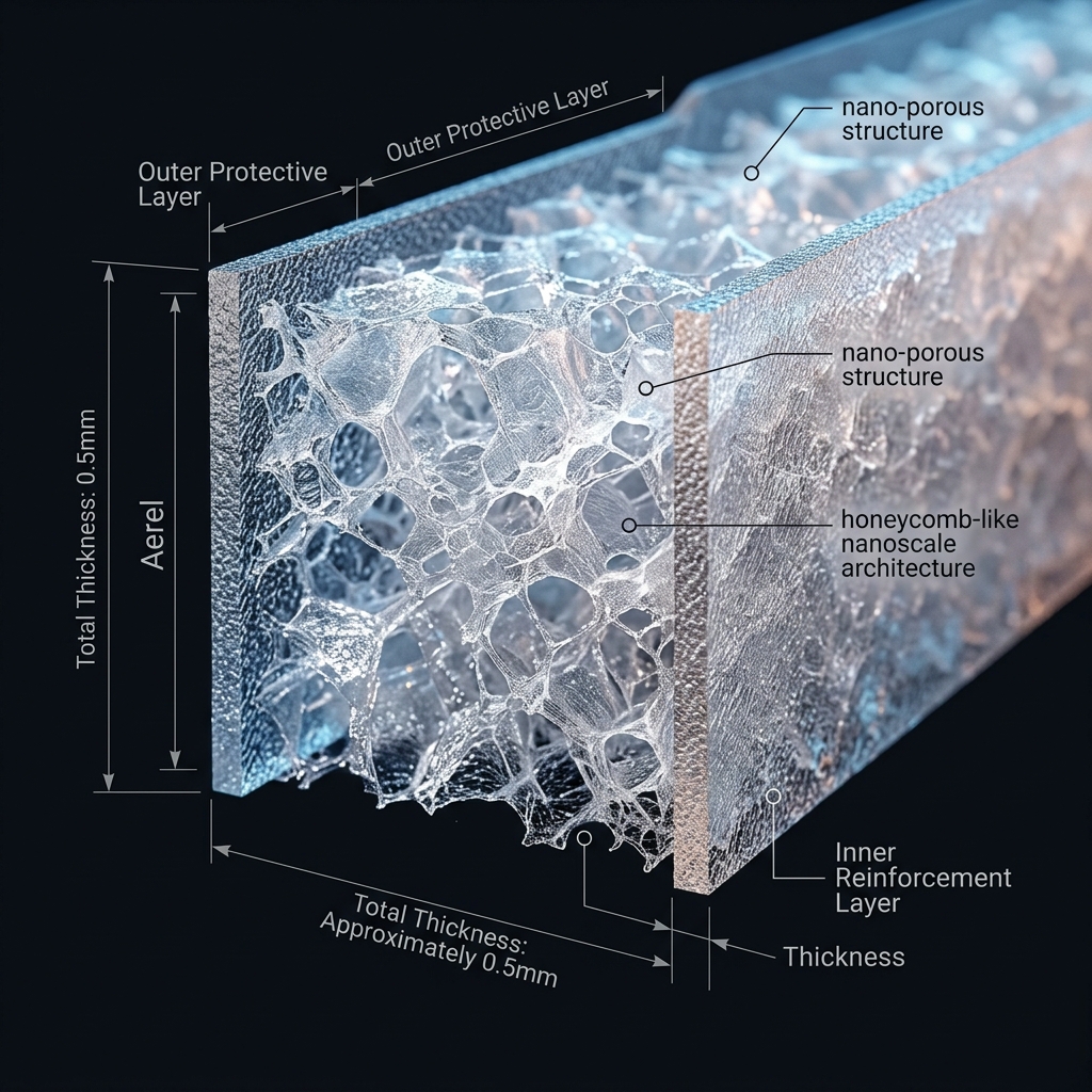 Aerogel material cross-section showing nano-porous structure at 50-100nm scale
