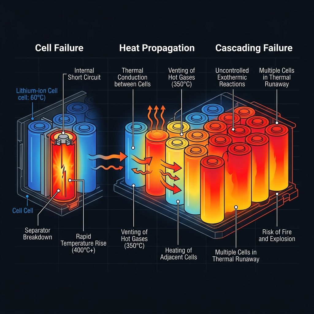 Thermal runaway propagation diagram showing cell failure, heat propagation, and cascading failure stages
