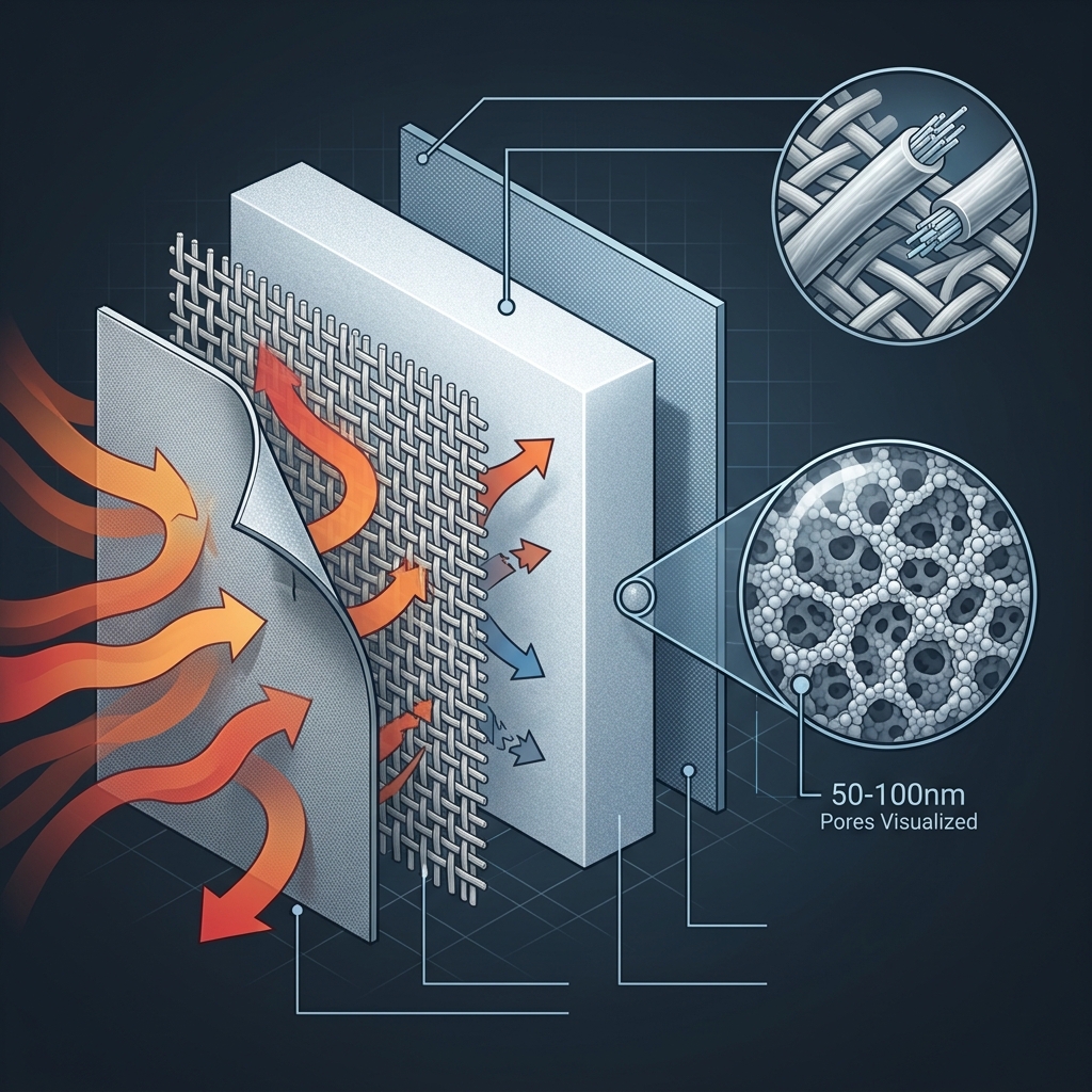 Thermal barrier sheet cross-section showing aerogel core with nano-porous structure, reinforcement fiber matrix, and heat flow blocking