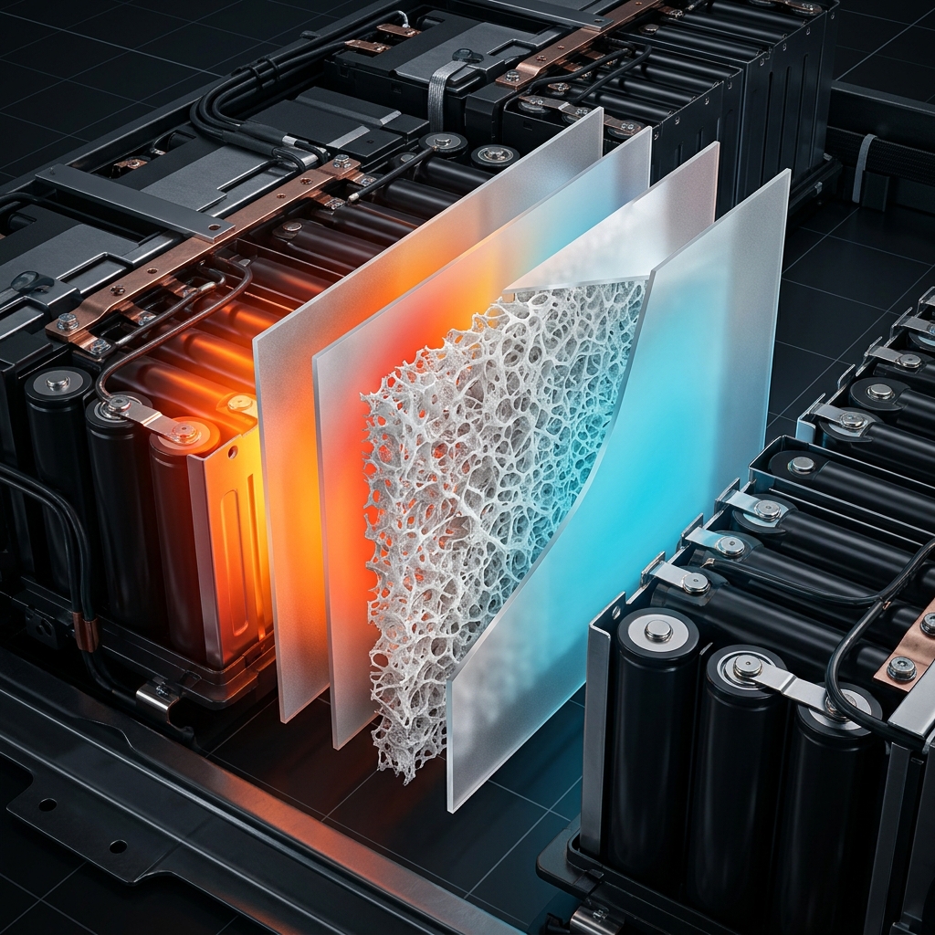 Layered aerogel thermal barrier sheets between battery cells showing nano-porous structure with heat-map gradient from hot orange to cool blue
