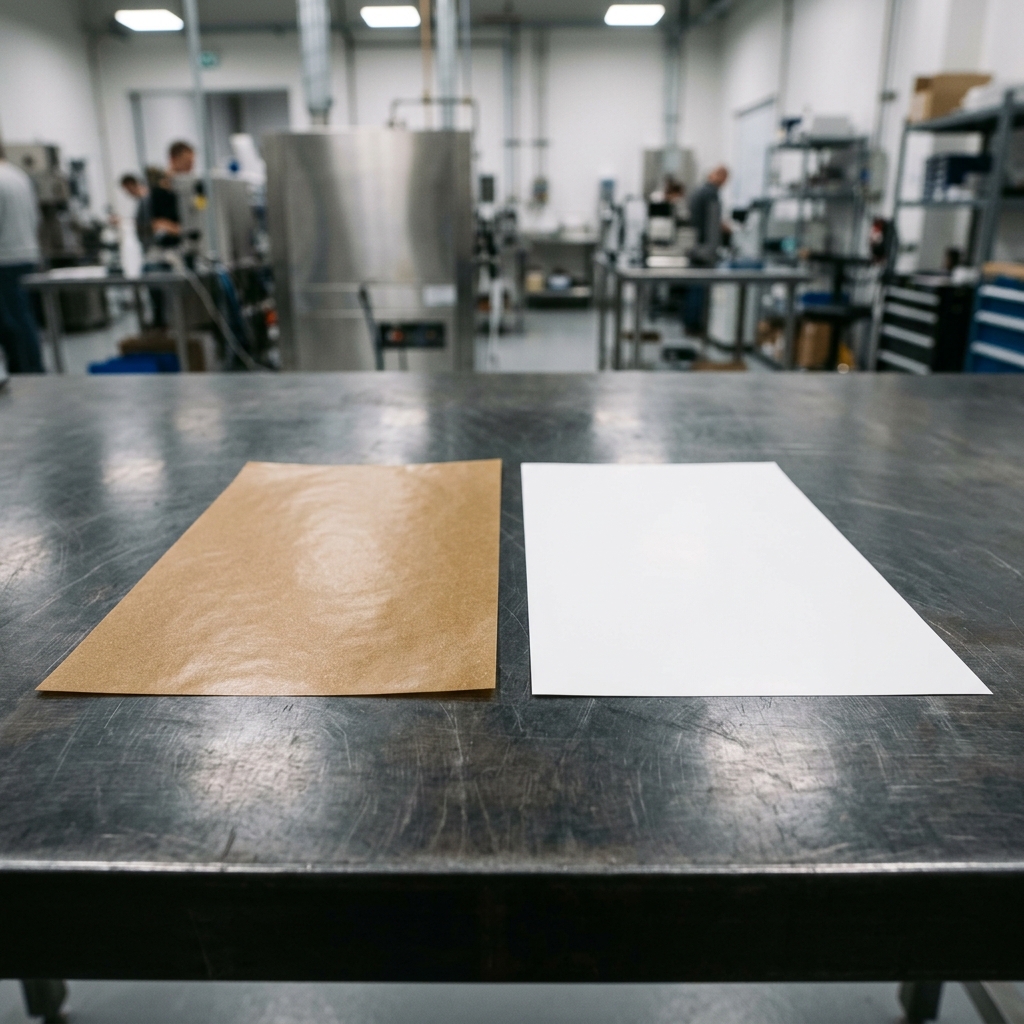 Levron thermal barrier sheet samples: Mica paper coated ceramic tulle (brown) and PET film coated ceramic tulle (white) side by side on factory workbench